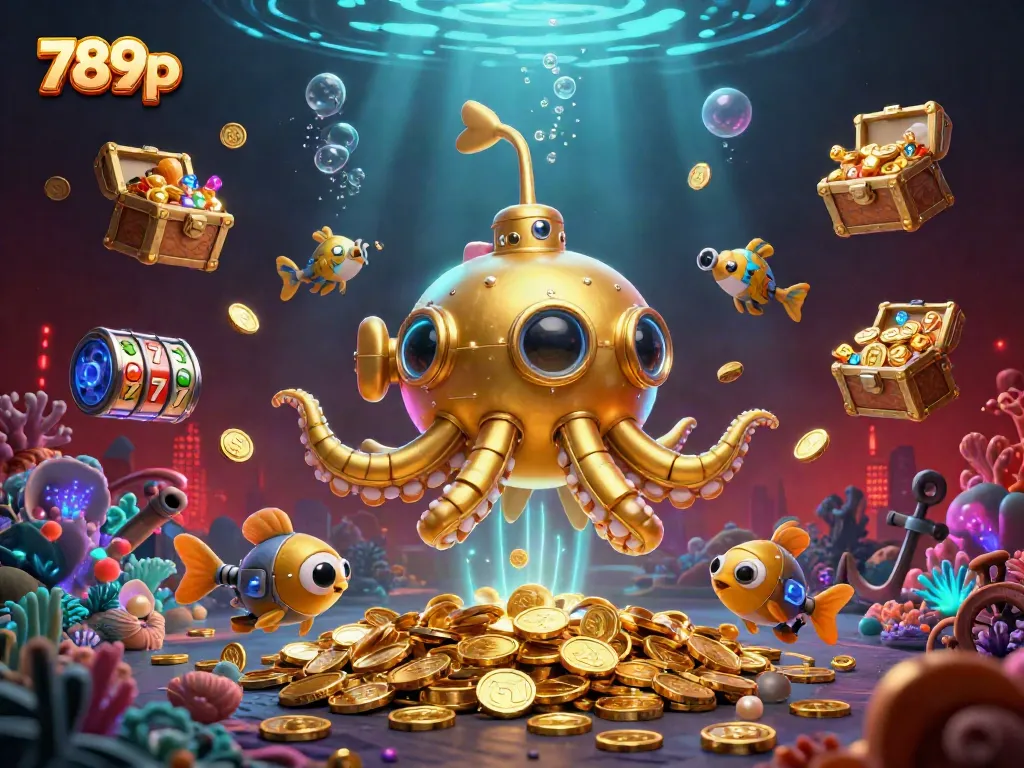 Experience the thrill of winning at the vibrant 789p casino with a golden kraken and slot machines.
