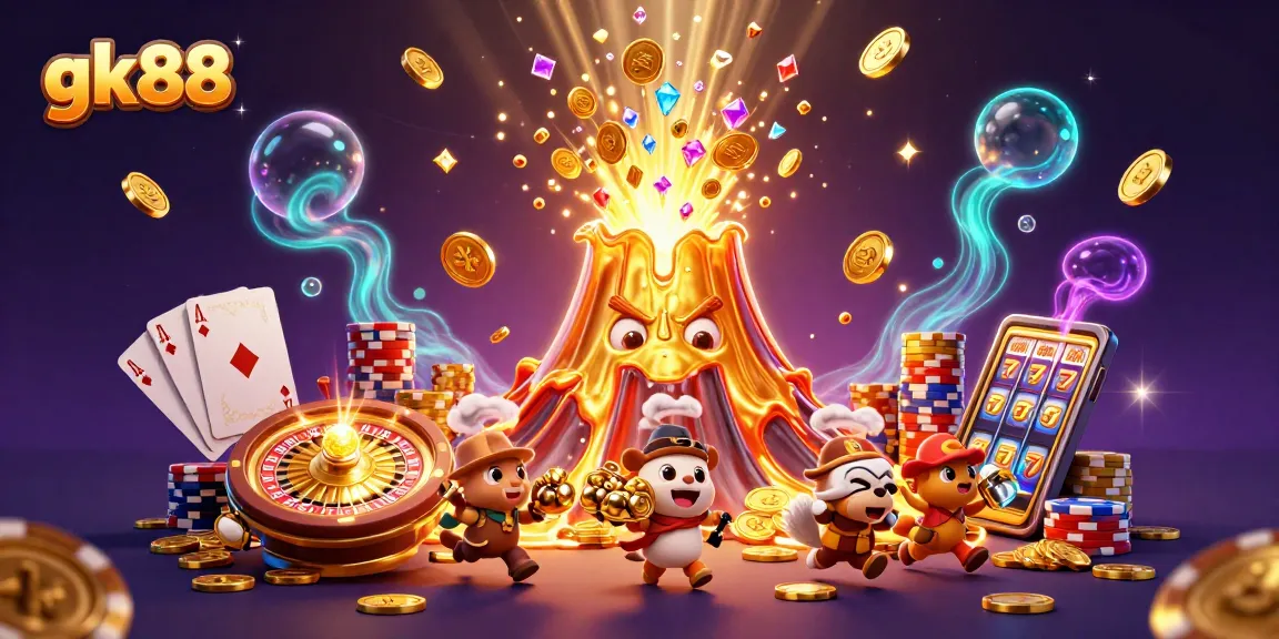 Experience the excitement of gk88 with treasure-filled adventures and dynamic casino elements, illustrated in vibrant 3D.