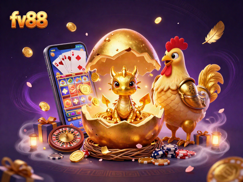 fv88 showcases a golden dragon emerging from a nest of poker chips amidst dynamic casino elements.