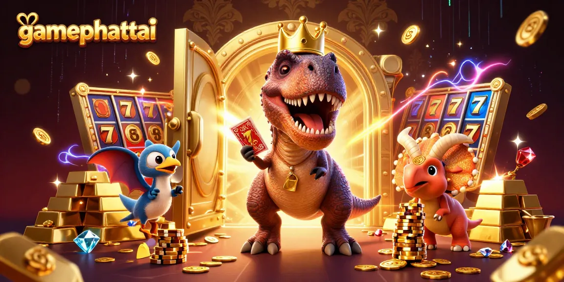 Win big with gamephattai as T-Rex shuffles cards and friends stack chips in a lively 3D casino.