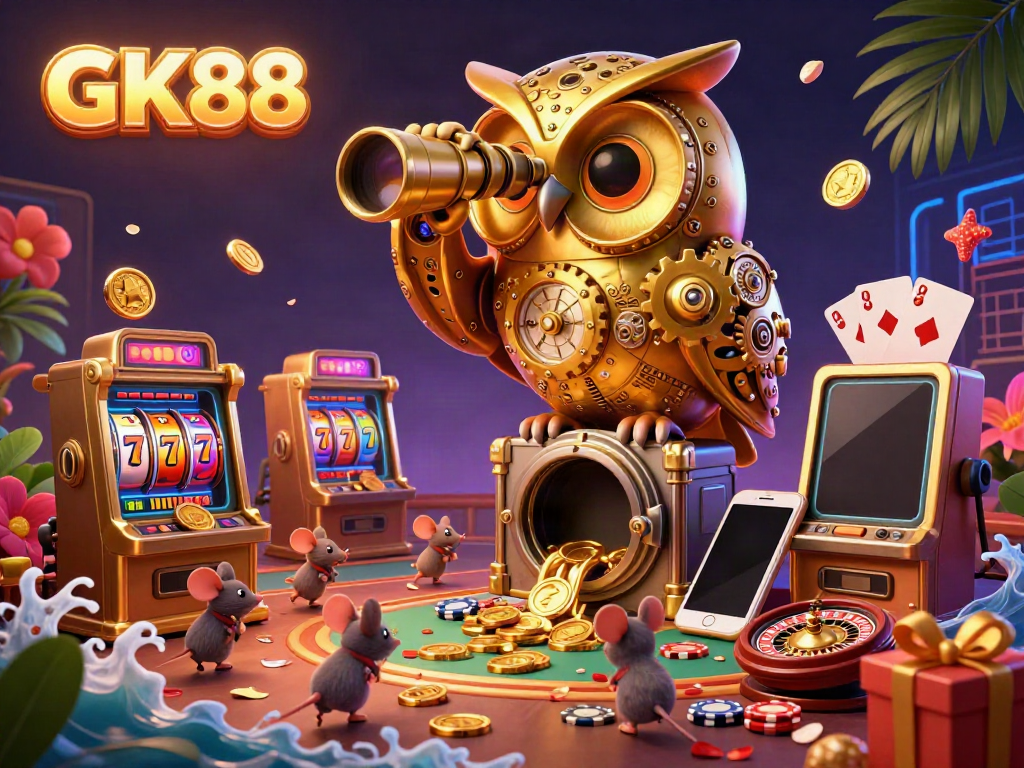 Spin the GK88 slots rich with golden coins and thrilling game elements in a vibrant 3D casino scene.