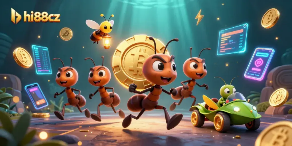 Join the hi88cz adventure as ants carry a giant poker chip in a lively casino heist scene.