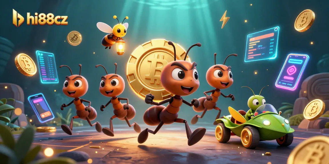 Join the hi88cz adventure as ants carry a giant poker chip in a lively casino heist scene.