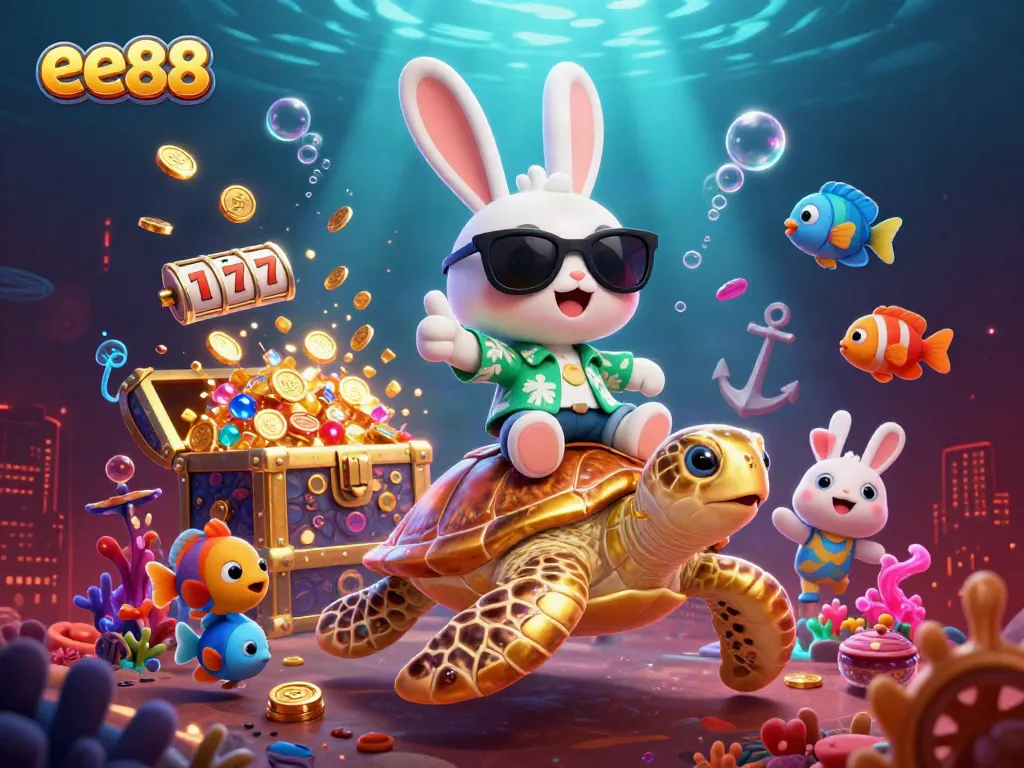 Spin to win with ee88’s vibrant 3D cartoon illustration showcasing a lucky rabbit and golden turtle in a casino-themed adventure.