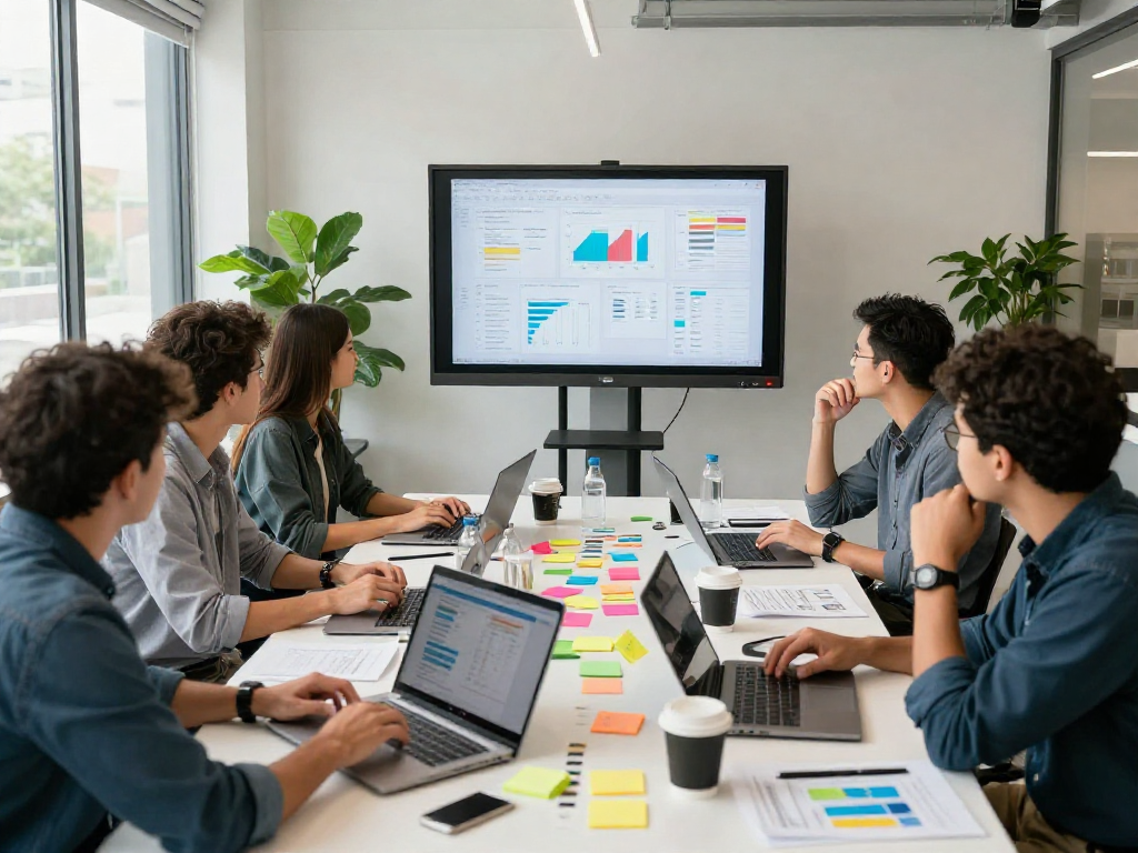 Team discussing digital marketing strategies at https://net88.se.net in a modern co-working space.