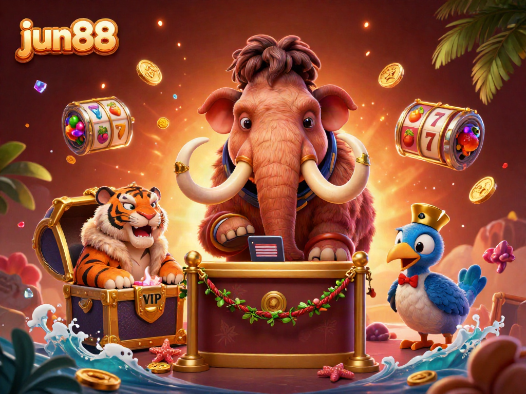 Join the excitement at jun88 as a woolly mammoth checks IDs, surrounded by vibrant casino elements.