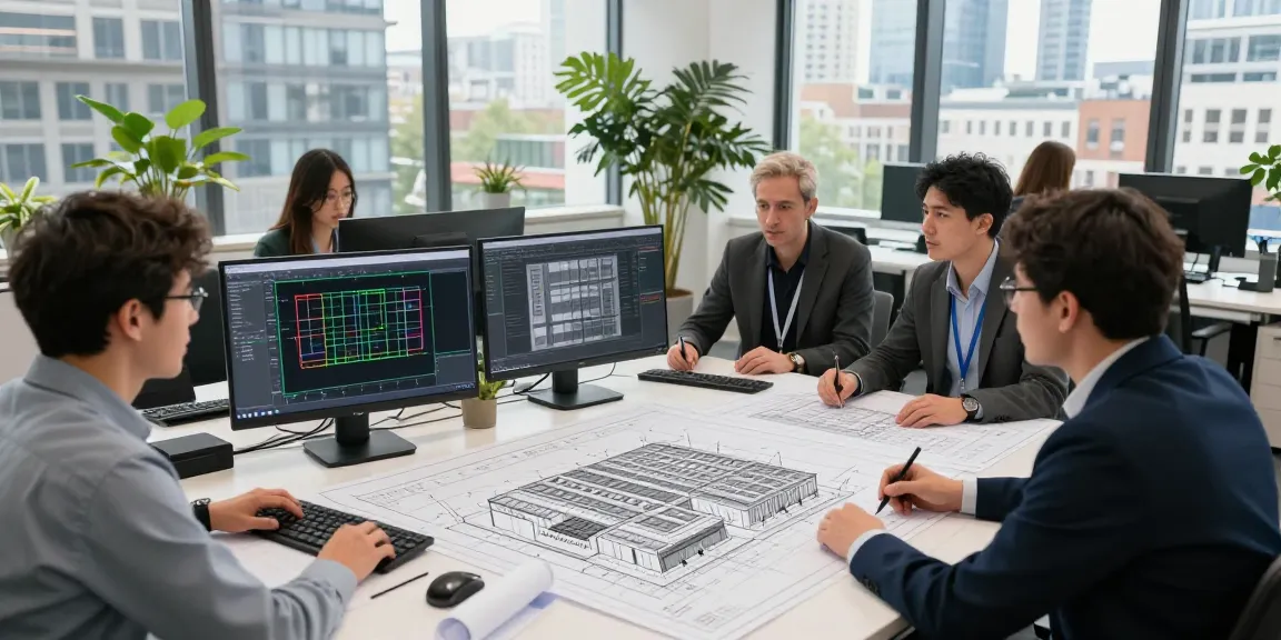 Measured building surveys UK team collaborating on architectural plans in an urban London setting.