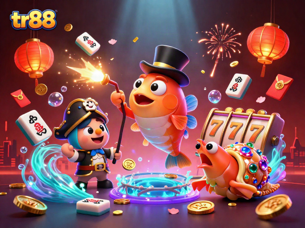 tr88 showcases a vibrant casino scene with an anglerfish, shrimp, and sea snail surrounded by glowing coins.