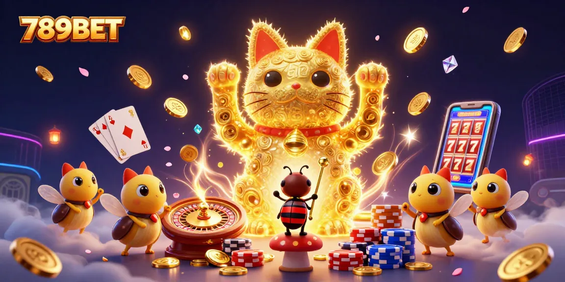 Experience thrilling action at 789BET with a vibrant scene of golden casino symbols and animated characters.