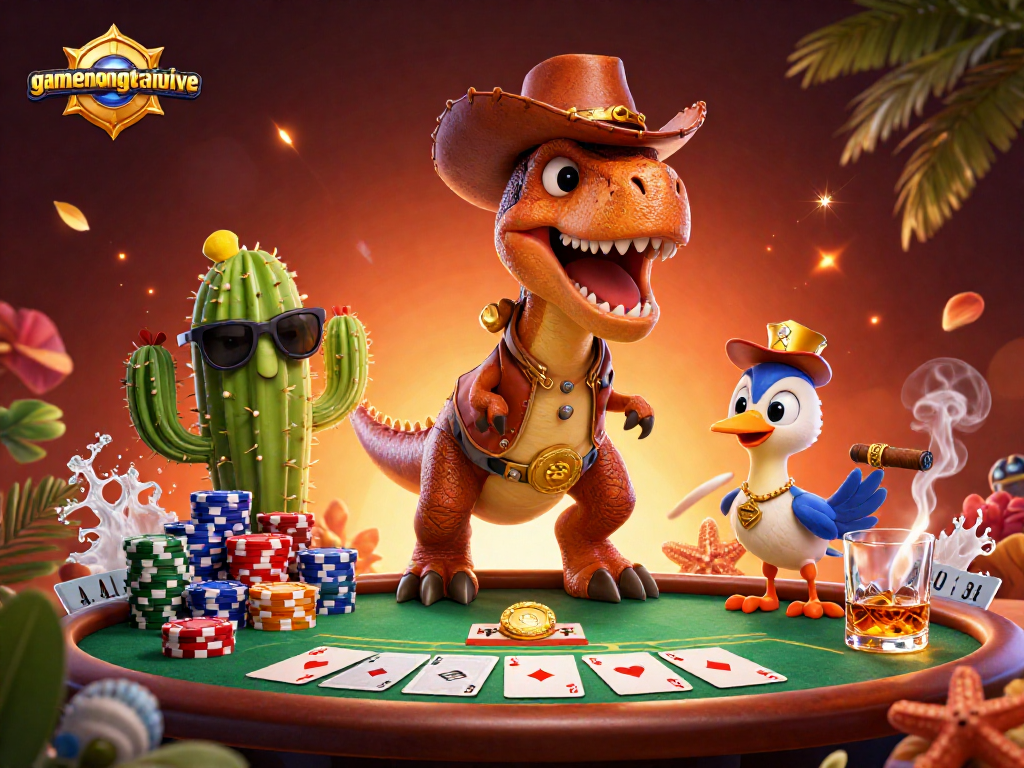 Join the excitement at gamenongtraivuive with a vibrant 3D poker scene featuring a cowboy T-Rex!