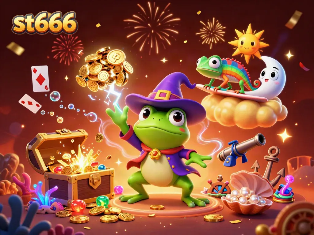 Experience the excitement of st666 with a vibrant 3D casino-themed illustration featuring magical creatures and golden treasures