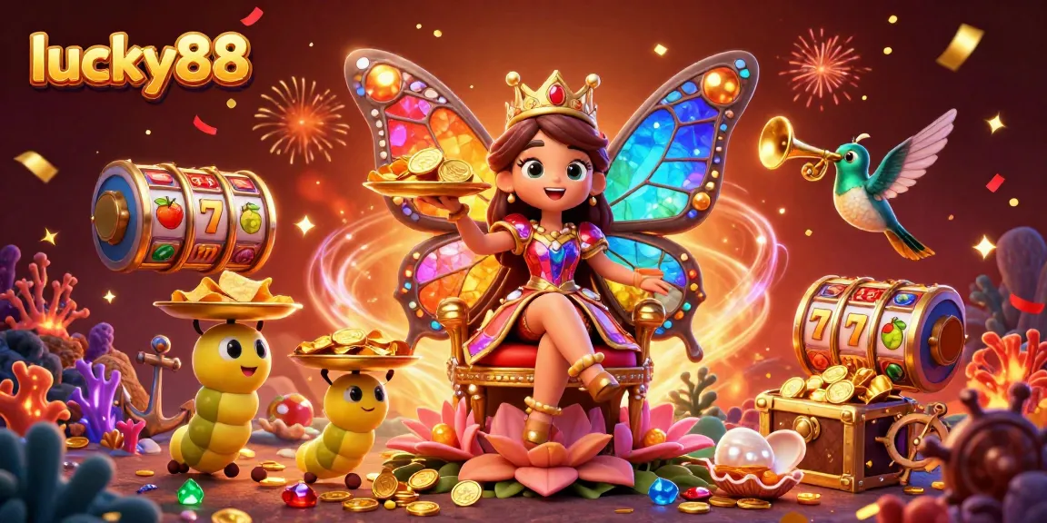 Engage with lucky88's vibrant casino experience featuring a butterfly queen, coral treasures, and dynamic gameplay elements.