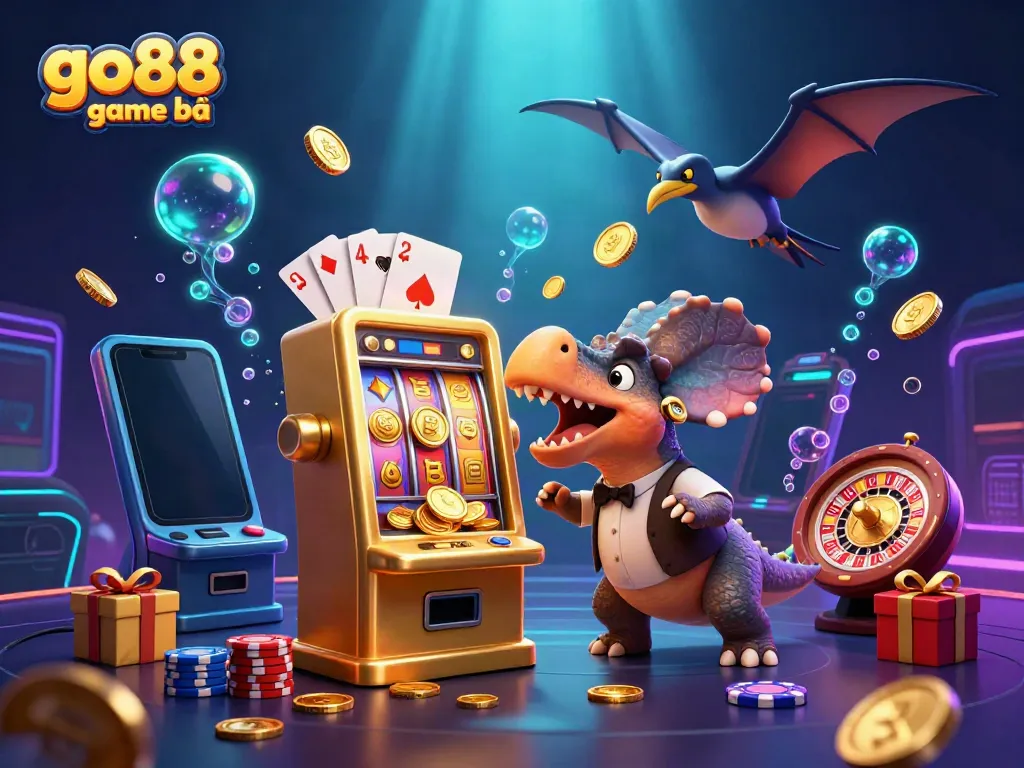 Experience the excitement of go88 game bài as a pachycephalosaurus hits a slot machine amidst a vibrant casino scene.