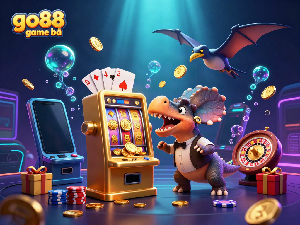 Experience the excitement of go88 game bài as a pachycephalosaurus hits a slot machine amidst a vibrant casino scene.