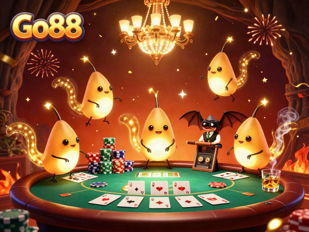 Experience Go88 with vibrant glowworms and a bat dealer amid a lively cave casino scene.