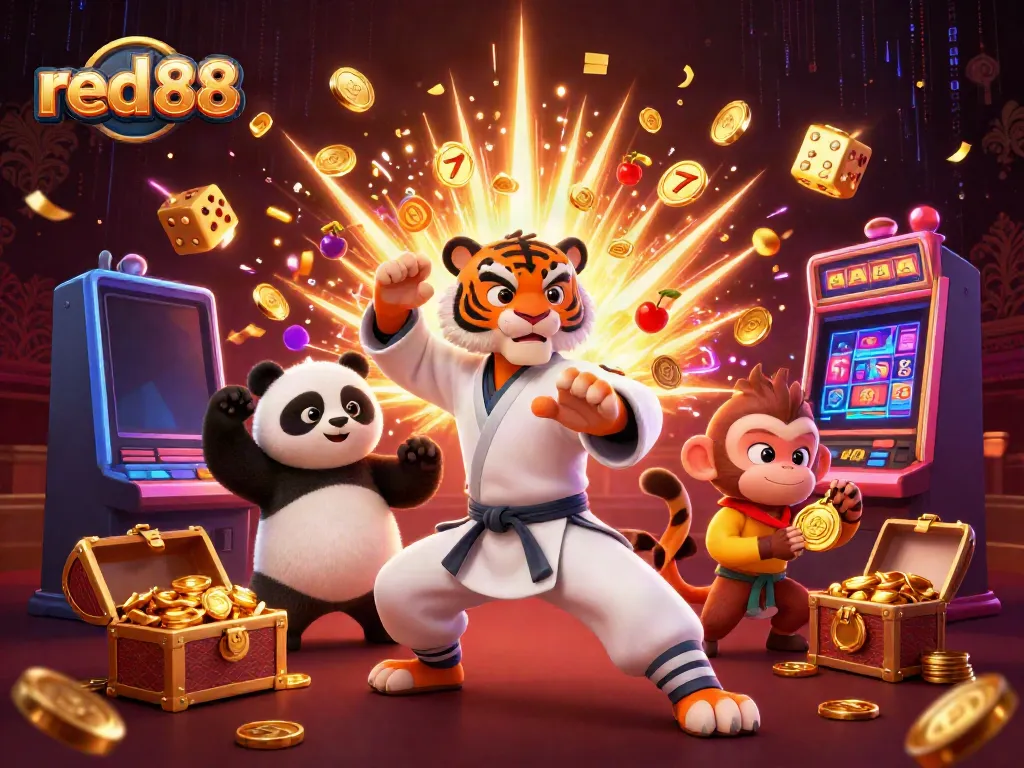 Experience thrilling gameplay at red 88 as cartoon characters enjoy slot machines and casino games.