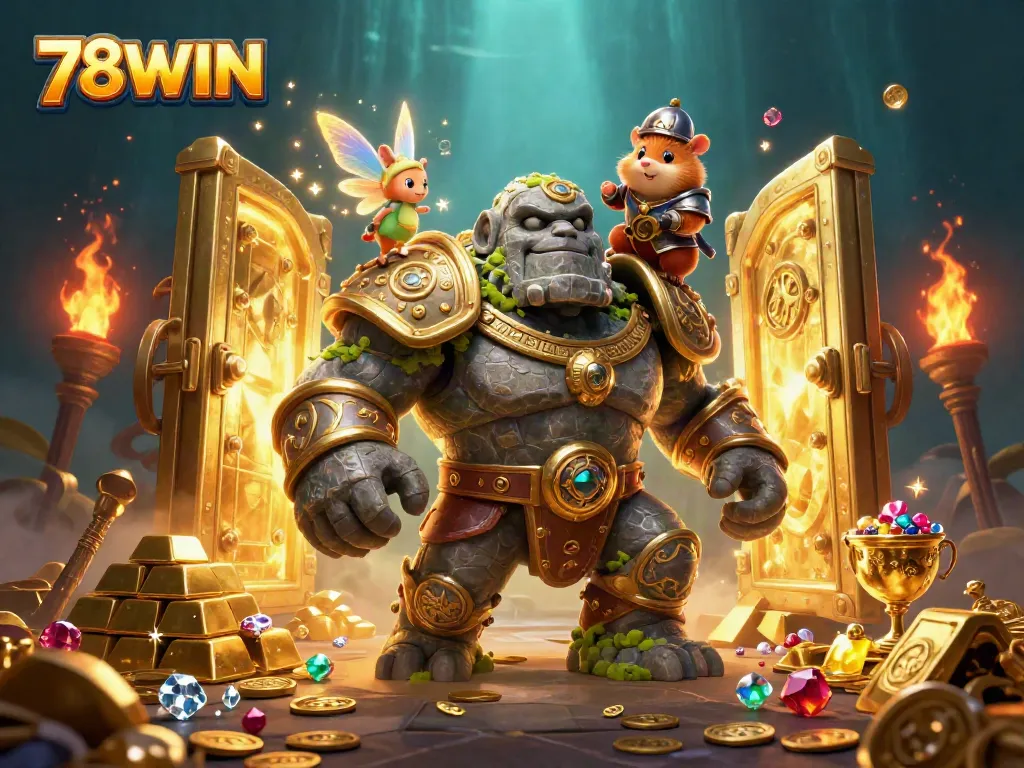 Engage in thrill with 78WIN featuring a golem guardian, magical creatures, and treasure elements.