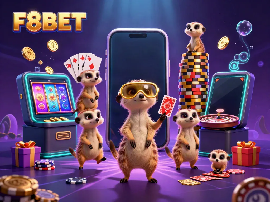 Experience the thrill of F8BET casino with meerkats managing vibrant gaming fun.