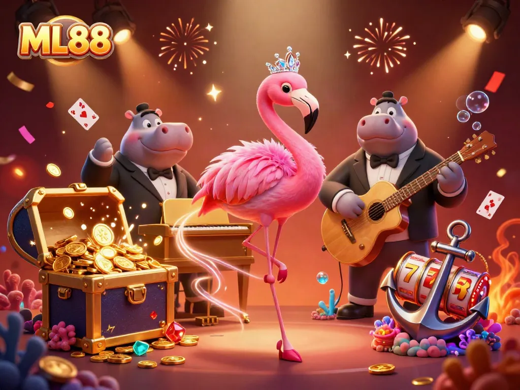 ML88 casino scene featuring a flamingo singer and hippo bassist amidst vibrant elements and gold.