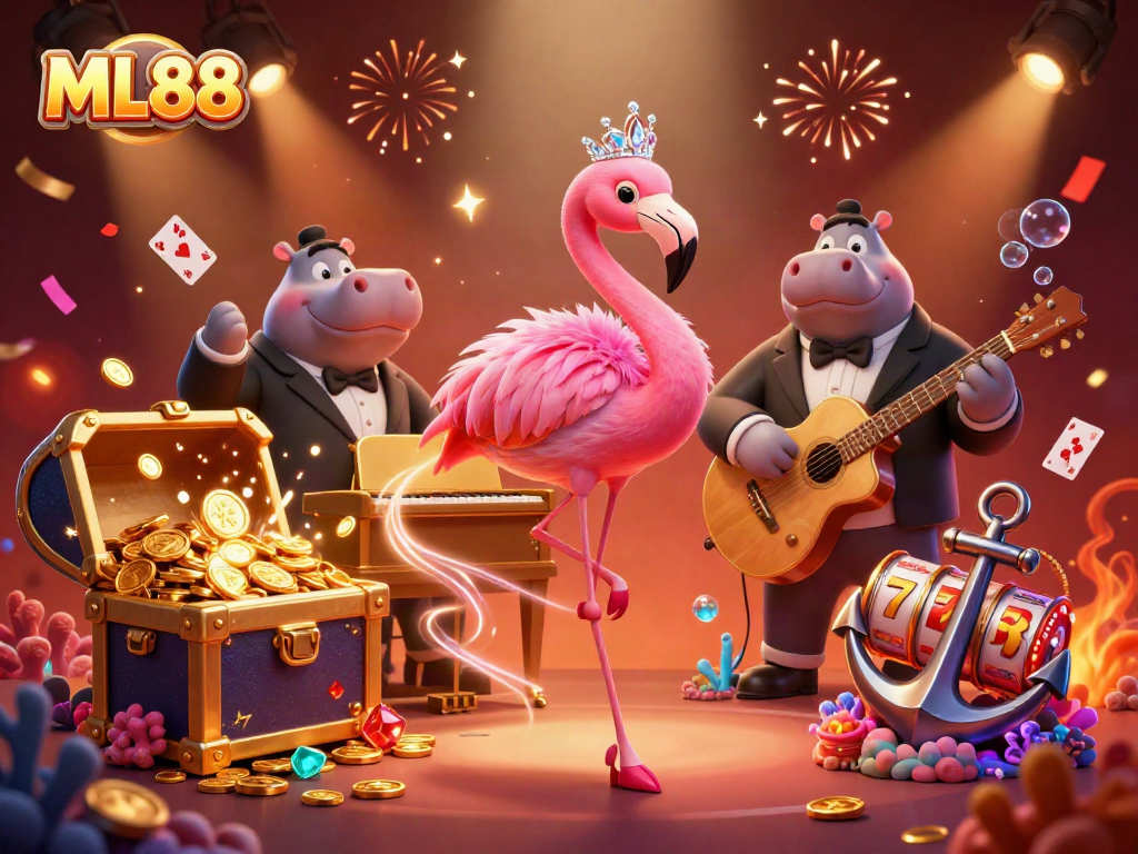 ML88 casino scene featuring a flamingo singer and hippo bassist amidst vibrant elements and gold.