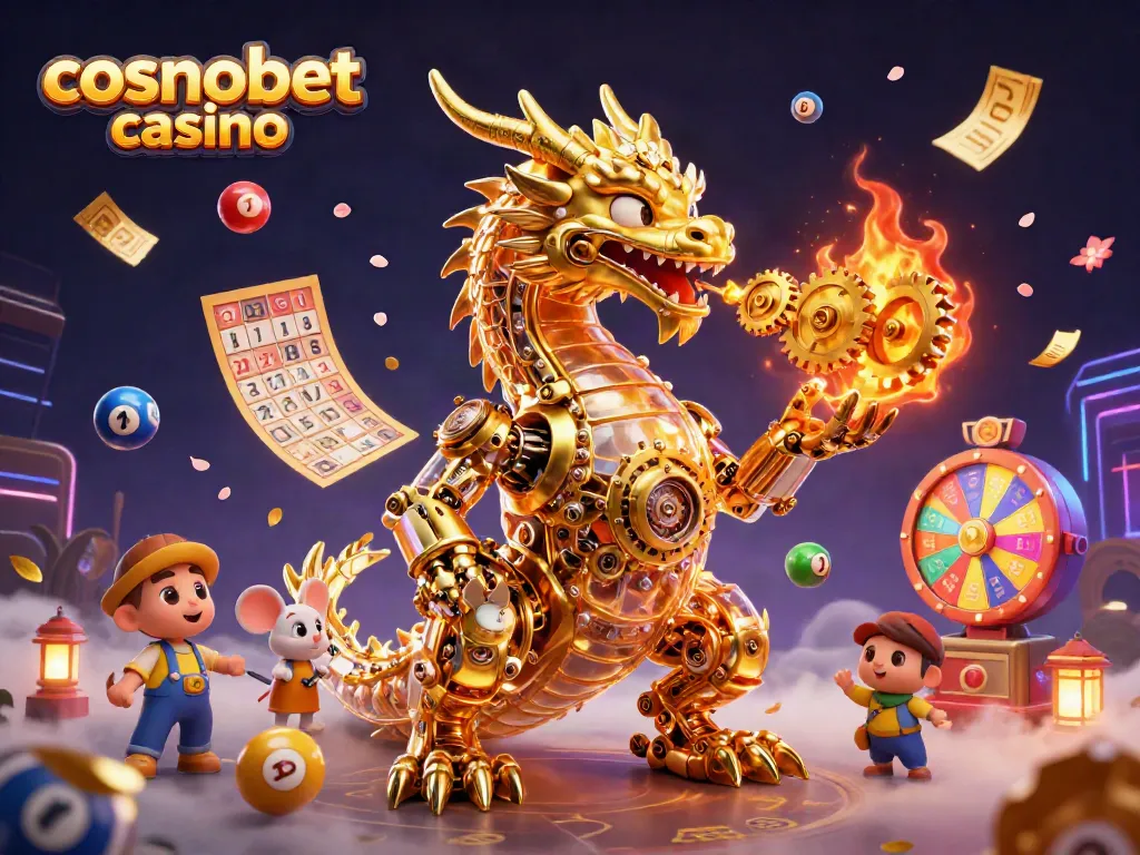 Experience the excitement of cosmobet casino with a vibrant 3D scene filled with dynamic gaming elements.