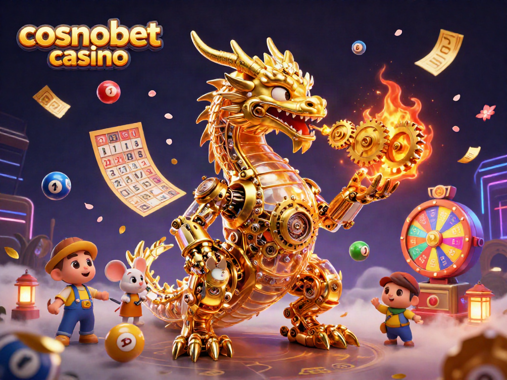 Experience the excitement of cosmobet casino with a vibrant 3D scene filled with dynamic gaming elements.