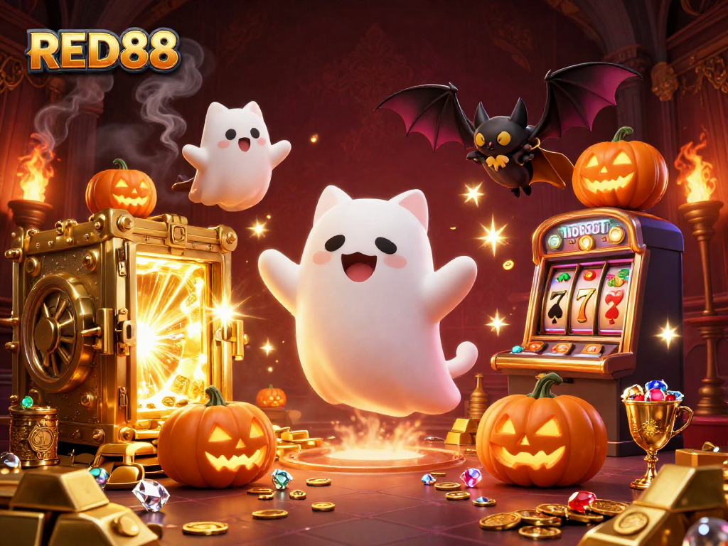 Experience the thrill of RED88 in a vibrant haunted casino scene packed with playful characters.