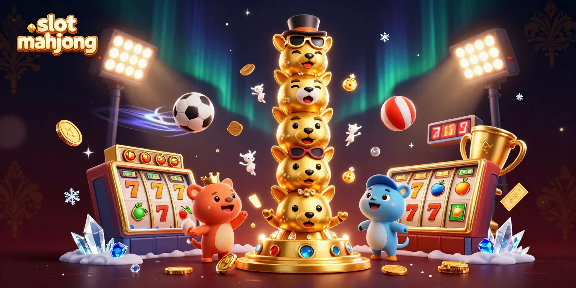 Play slot mahjong with vibrant elements and dynamic characters in a colorful 3D illustration.