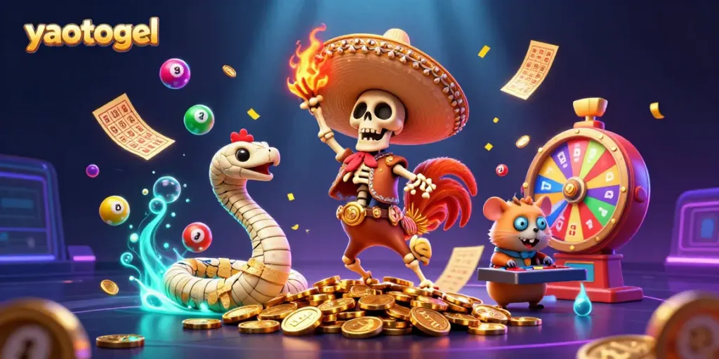 Experience the excitement of yaotogel with lottery balls and vibrant gaming elements in a lively casino scene.