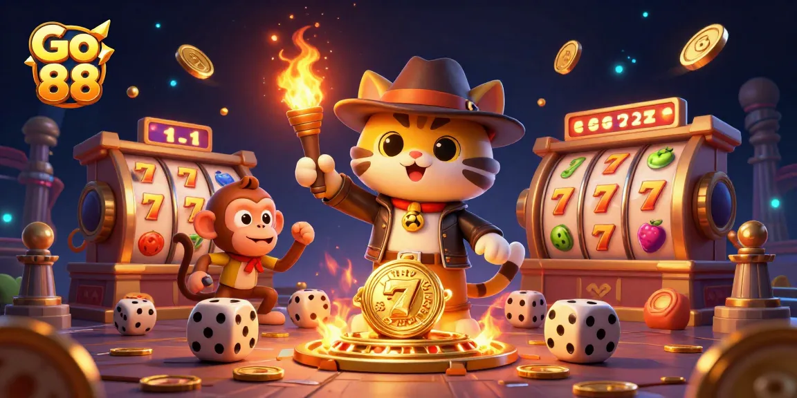 Experience thrilling gameplay with Go 88 in this vibrant 3D casino scene filled with dynamic slot reels and gold coins.