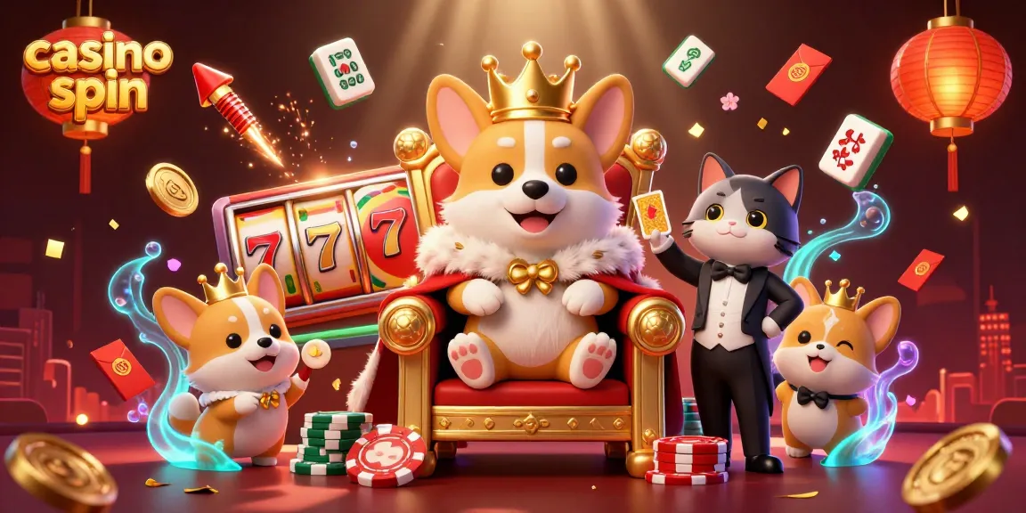 Experience the excitement of casino spin with a royal corgi on poker chips and vibrant game elements.