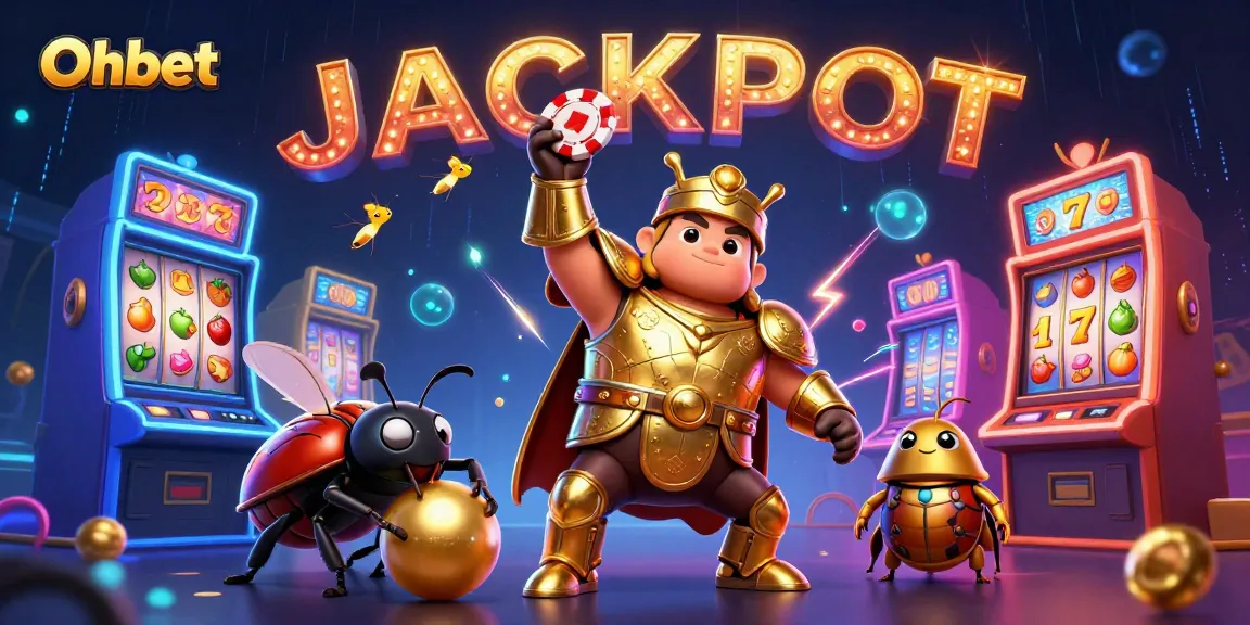 Engage with Oxbet as the victorious beetle lifts a poker chip amidst vibrant casino elements.