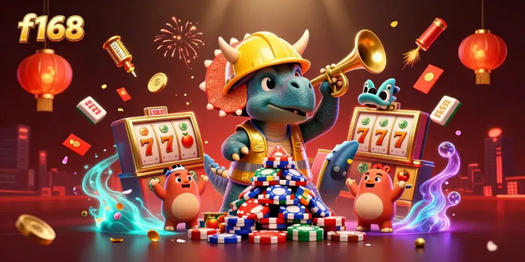 Experience f168's dynamic casino vibe with animated characters celebrating big wins amid vibrant gaming elements.