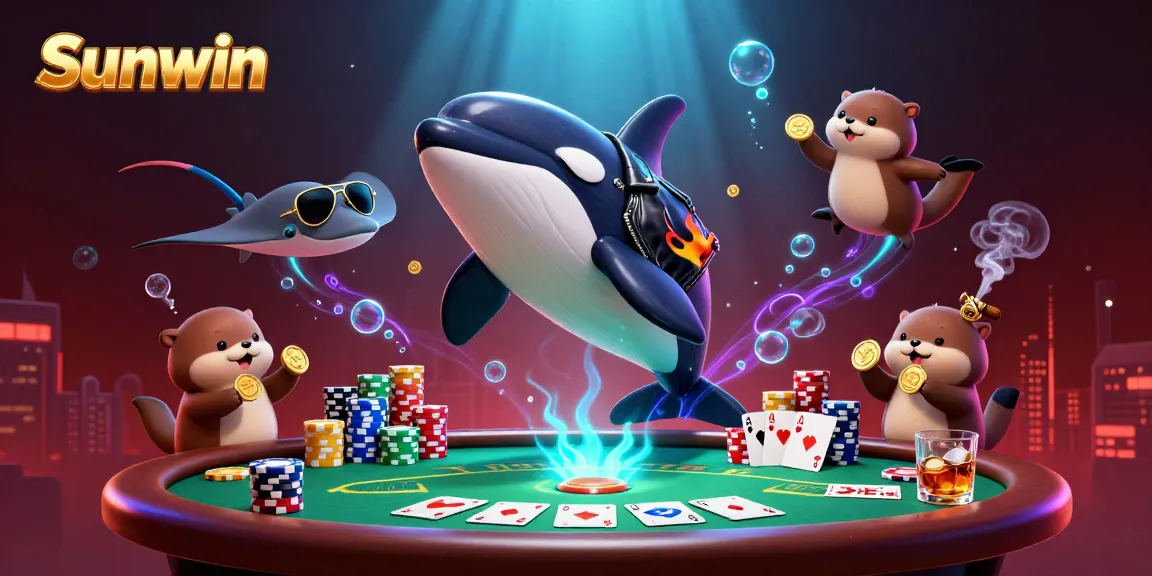 Experience the vibrant Sunwin casino action with an orca, stingray, and otters amidst gleaming poker elements.