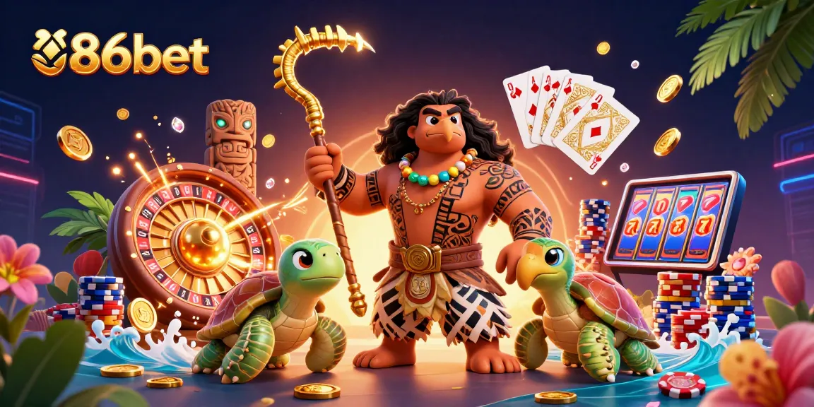 Catch the excitement of 86bet with a vibrant casino scene featuring a Maui-style demigod and vibrant game elements.