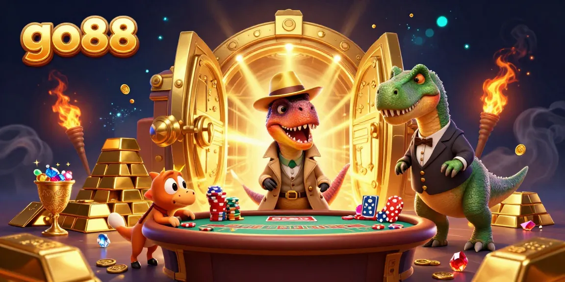 go88 showcases a 3D velociraptor card counter at a blackjack table, with lively casino elements.