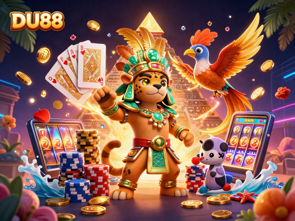Engage with DU88 casino games, showcasing a vibrant 3D casino scene full of winning elements.