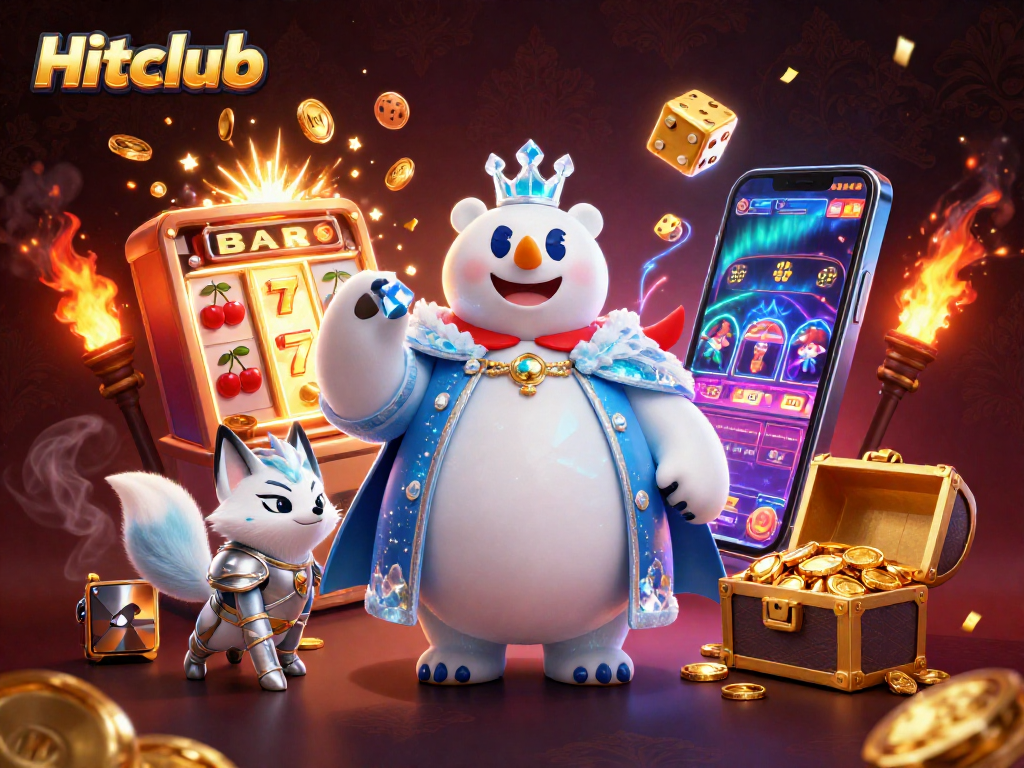 Hitclub features a polar bear and fox amidst jackpot excitement in a vibrant casino scene.