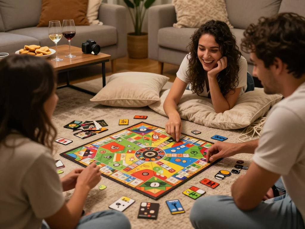 Couple playing a fun sex game together, enjoying intimate moments with playful expressions and cozy setting.