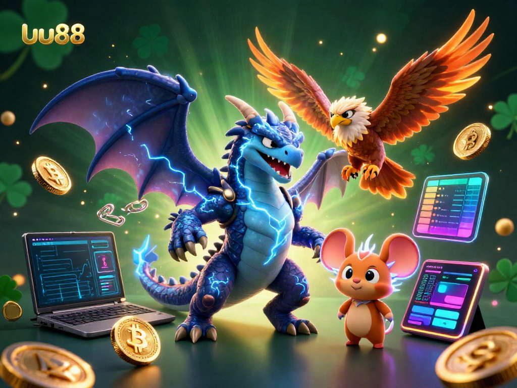Engage with uu88's electrifying online casino atmosphere featuring lively characters and vibrant crypto elements.