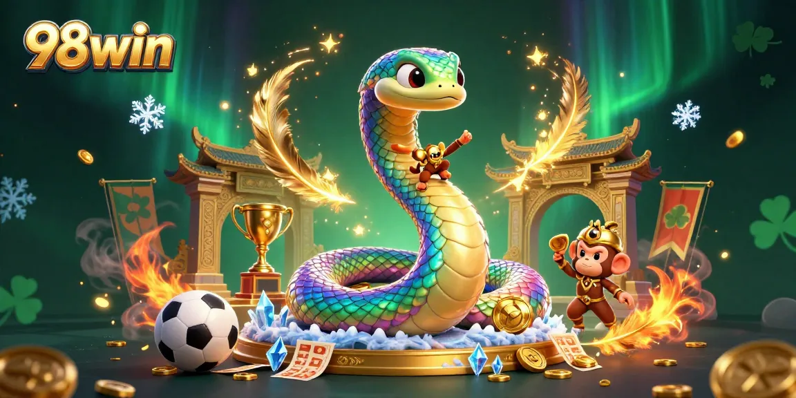 Engage in sports betting excitement with 98win surrounded by vibrant characters, colorful tokens, and dynamic game elements.
