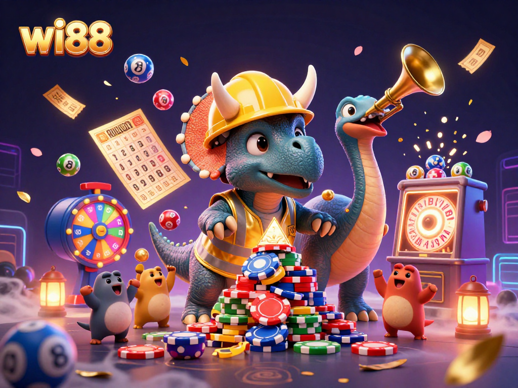 Win big at wi88 with a lively 3D scene of a triceratops and friends celebrating casino games!