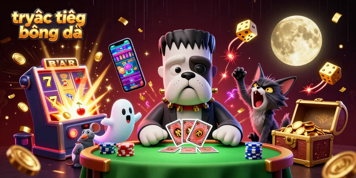 Engage in trực tiếp bóng đá action with a lively 3D illustration featuring a Frankenstein bulldog dealer amidst dynamic casino elements.