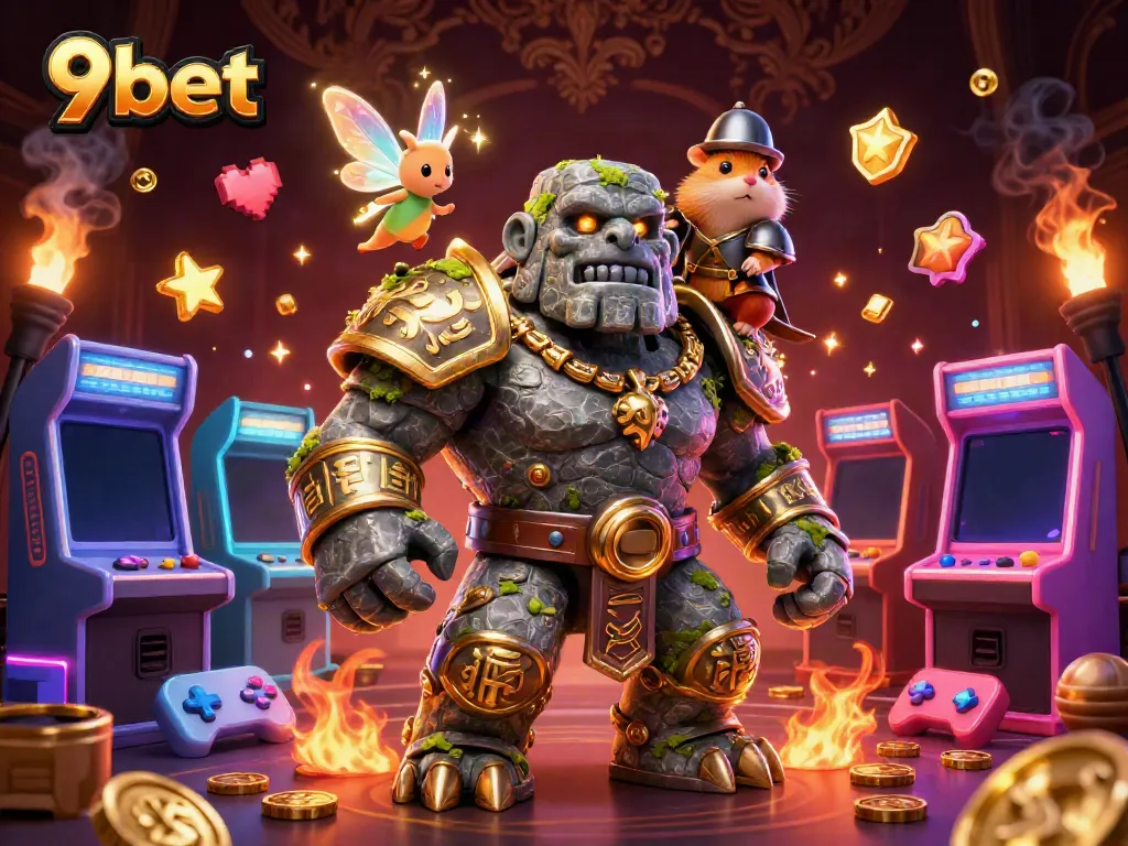 Engage with 9bet through exciting gaming adventures featuring a dynamic scene of characters and rich casino elements.
