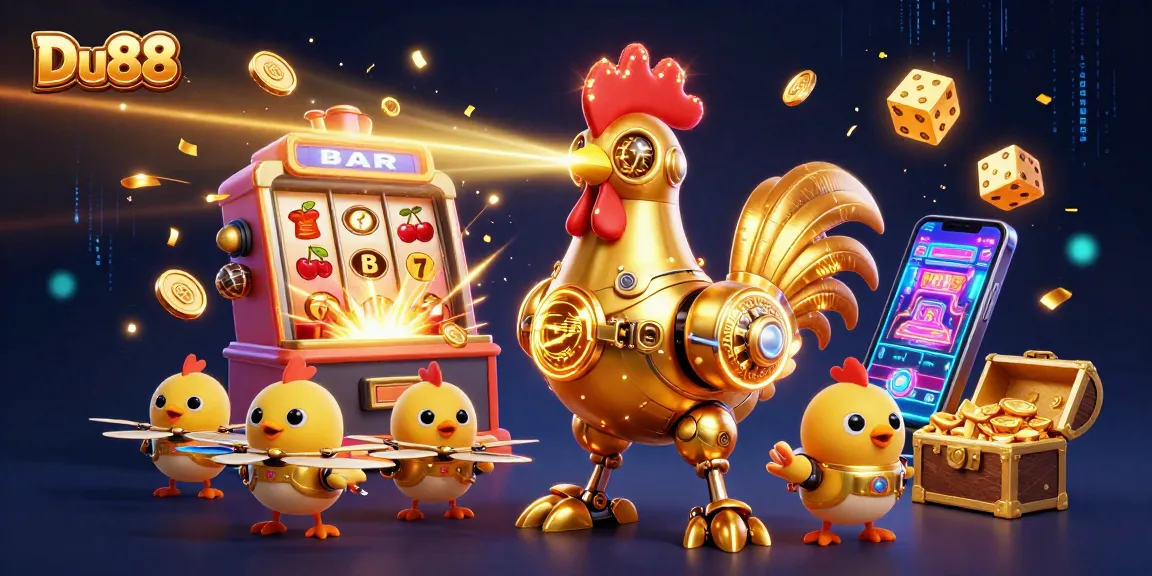 Experience the thrilling Du88 casino adventure with vibrant visuals, exciting slot machines, and a golden rooster robot.