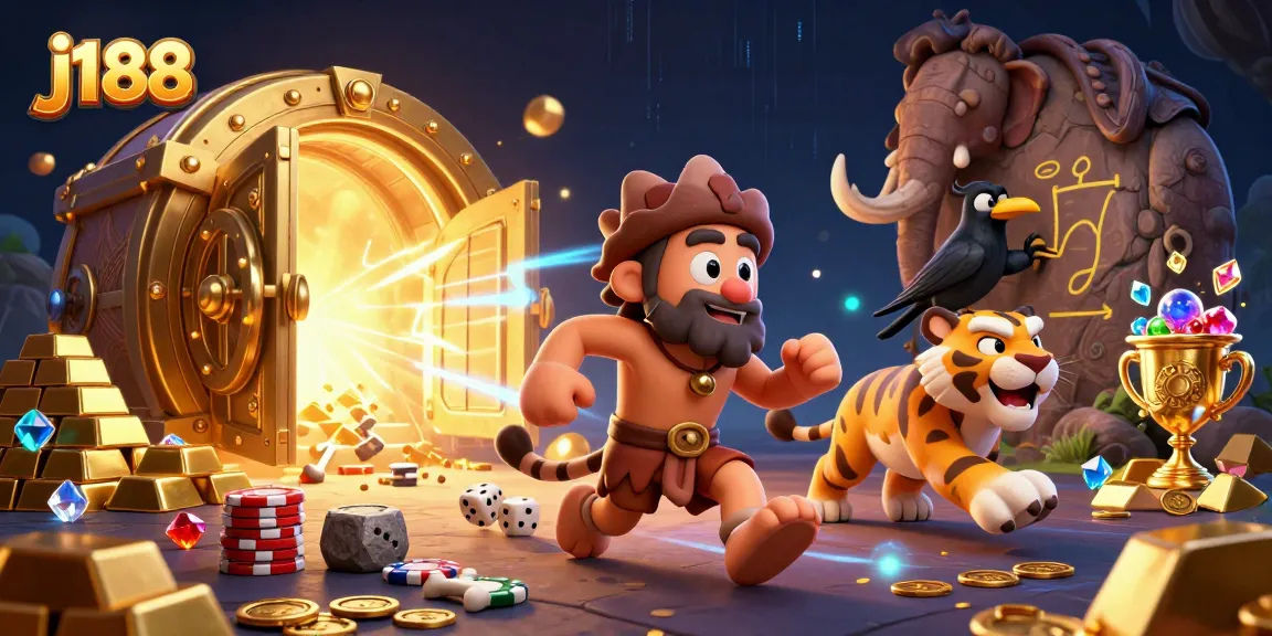 Experience the thrill of j188 with a vibrant 3D illustration featuring a prehistoric casino scene.