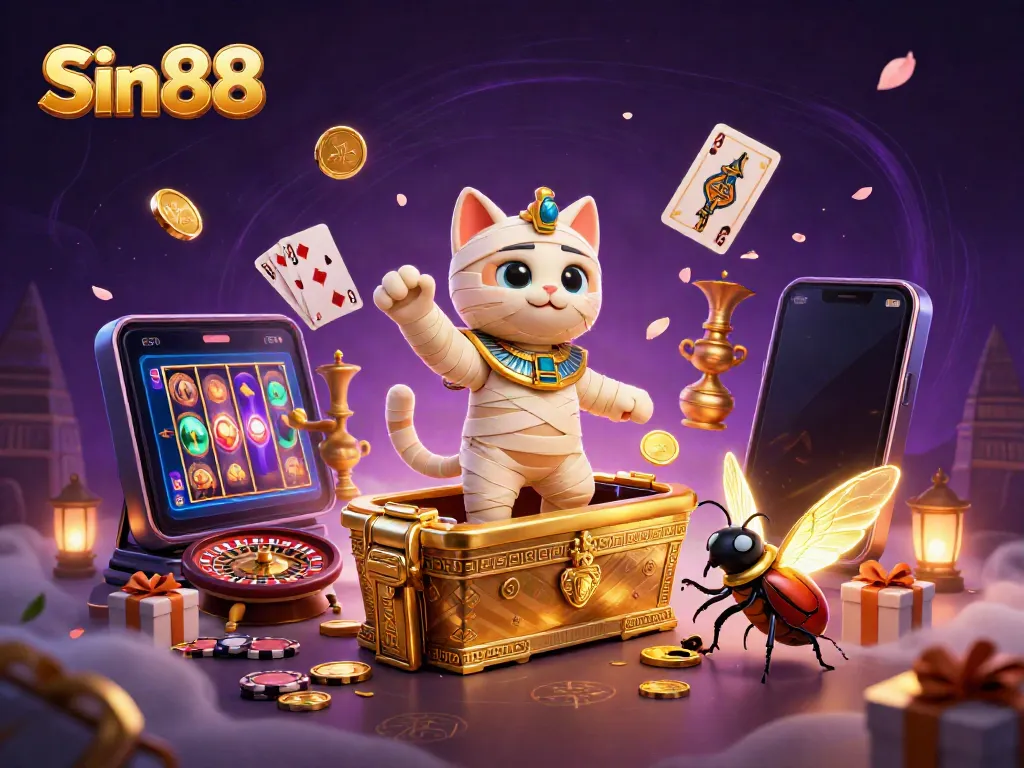 Experience thrilling gameplay at Sin88 with an Egyptian mummy cat and gold coins erupting in a vibrant casino scene.