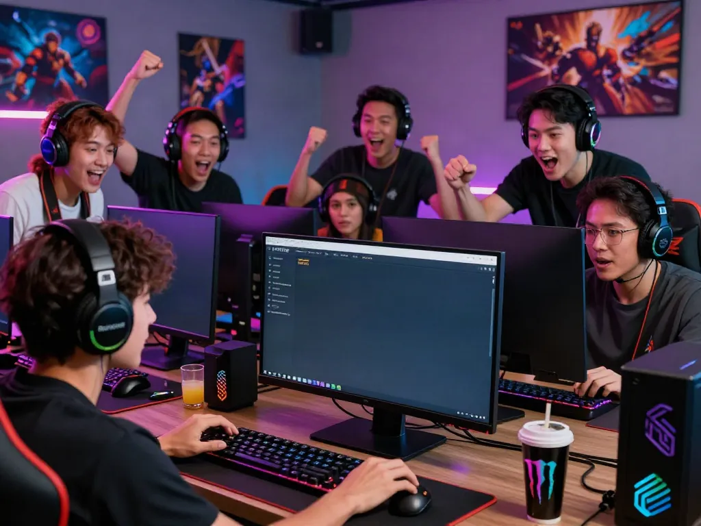 Dewatogel Link Alternatif gaming scene with friends enjoying online games in a lively and colorful environment.