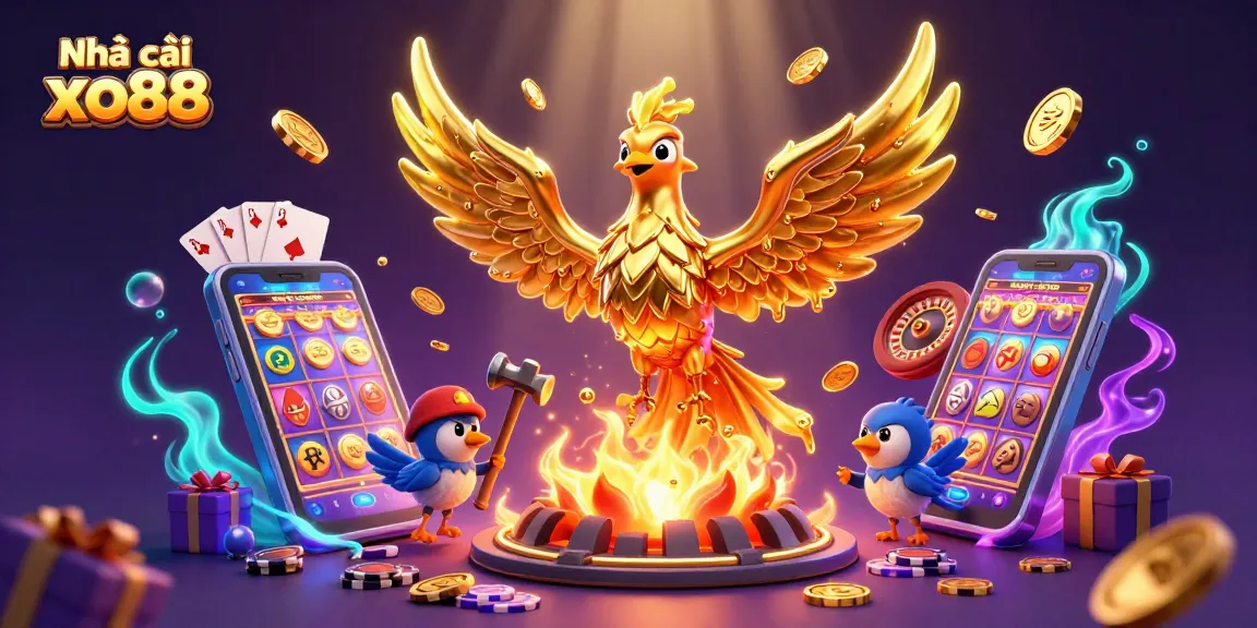 Immerse in the vibrant world of Nhà cái xo88 with a golden phoenix rising, surrounded by dynamic casino elements.