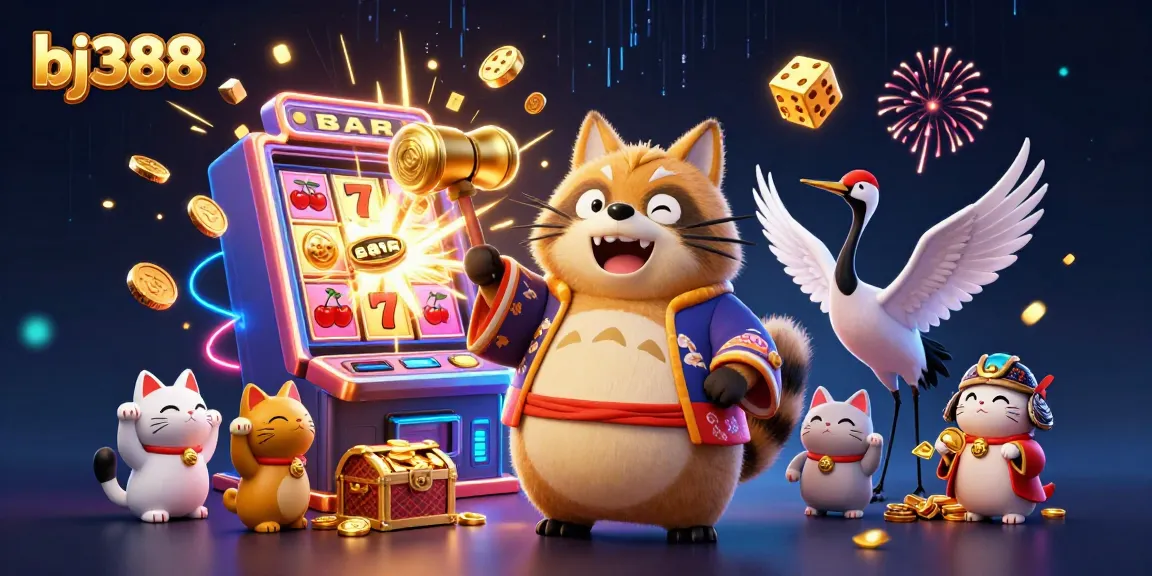 Win big with bj388 in an exciting casino scene featuring traditional characters and vibrant game elements.